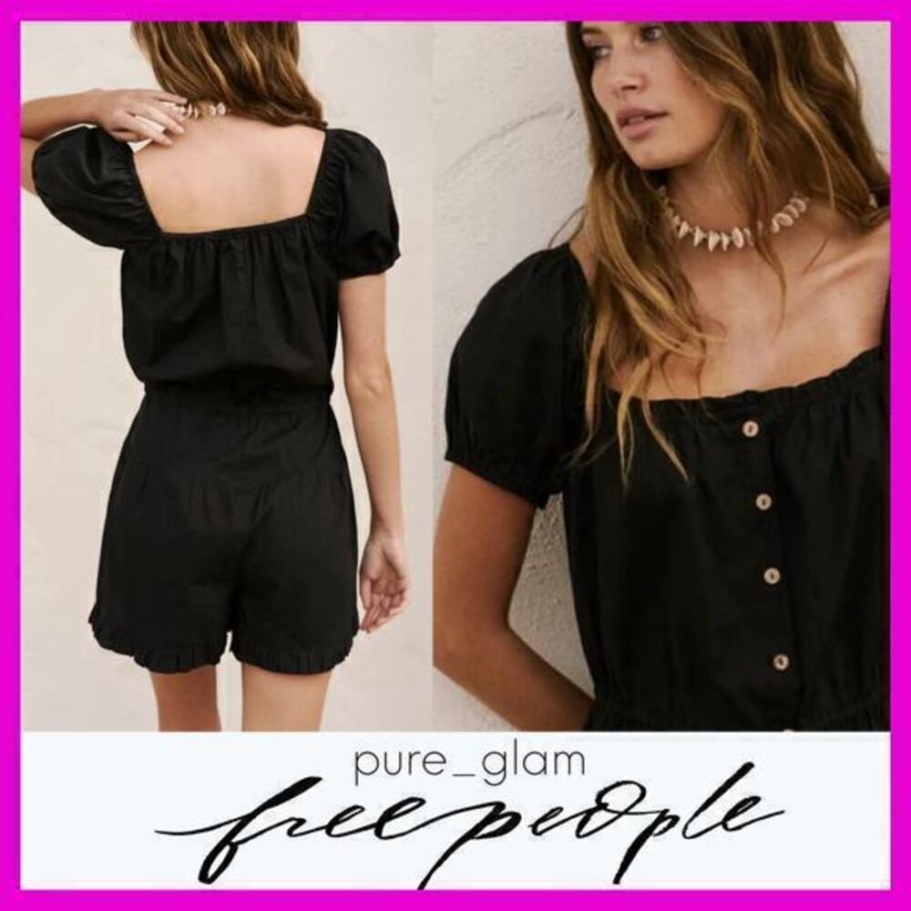 Free People Black Puff Sleeve Button-Front Romper